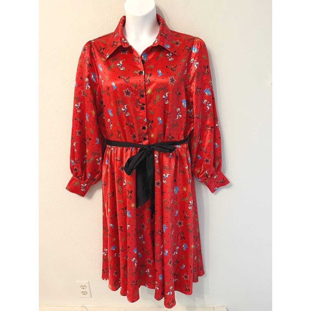 Unique Vintage Red Western Cowgirl Print Satin Midi Shirt Dress Plus Size 1X/16